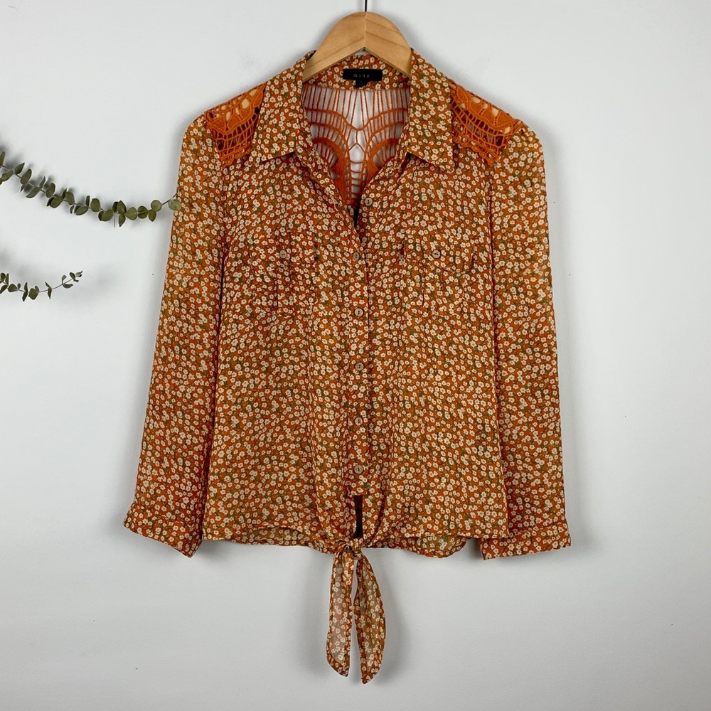 Mine Burnt Orange Floral & Lace Crochet Sheer Top